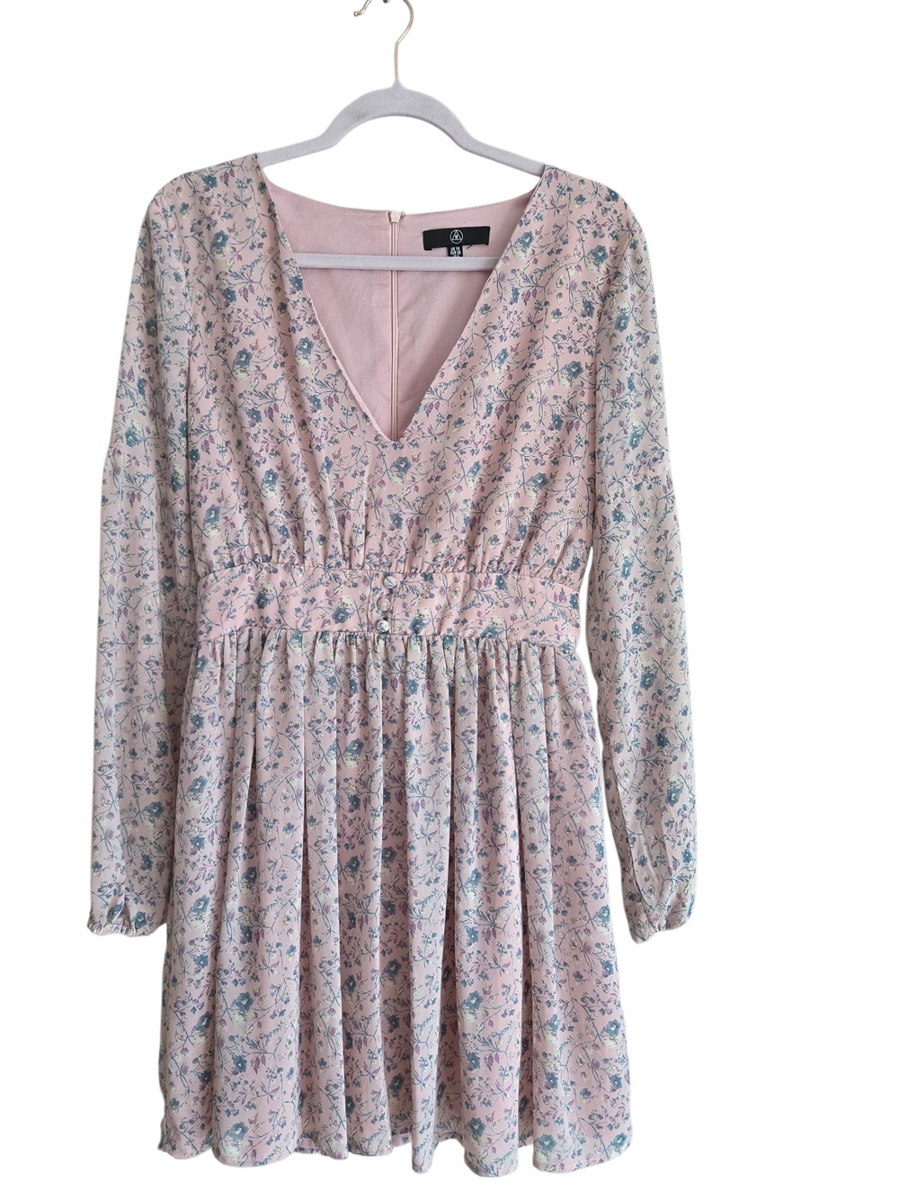Misguided Women's Light Pink Floral V-Neck Long Sleeve Dress Size 6